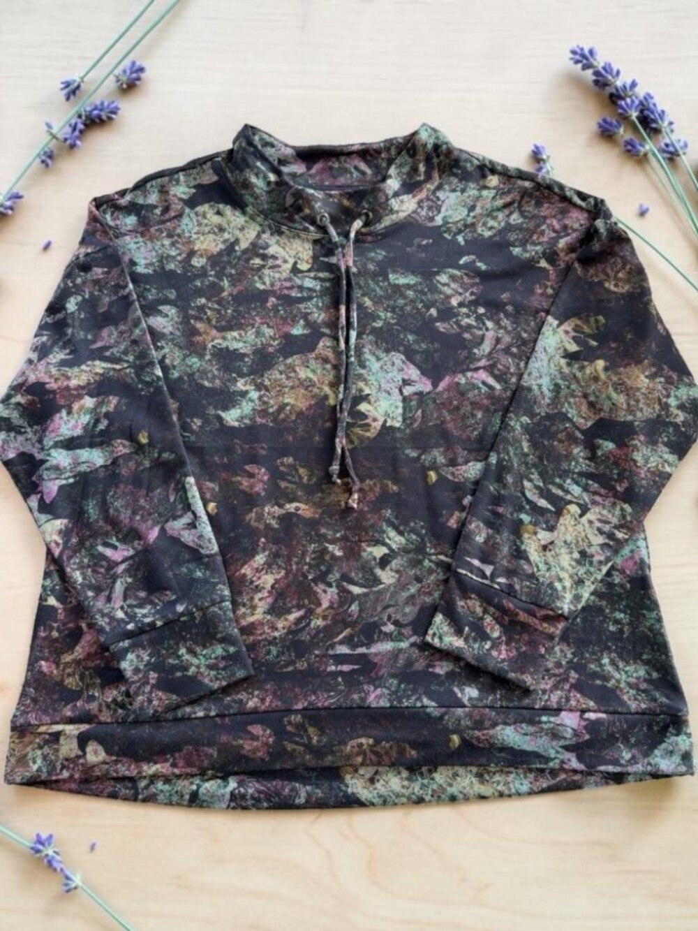 Christopher & Banks PXL Mock Neck Top Blue Pink Print Drawstring